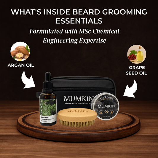 Mumkin Beard Grooming Essentials Kit - includes natural beard oil with argan and grape seed oil, nourishing beard balm, wooden brush, and travel bag. Premium menās beard care set formulated with MSc Chemical Engineering expertise for soft, hydrated, and styled beards.