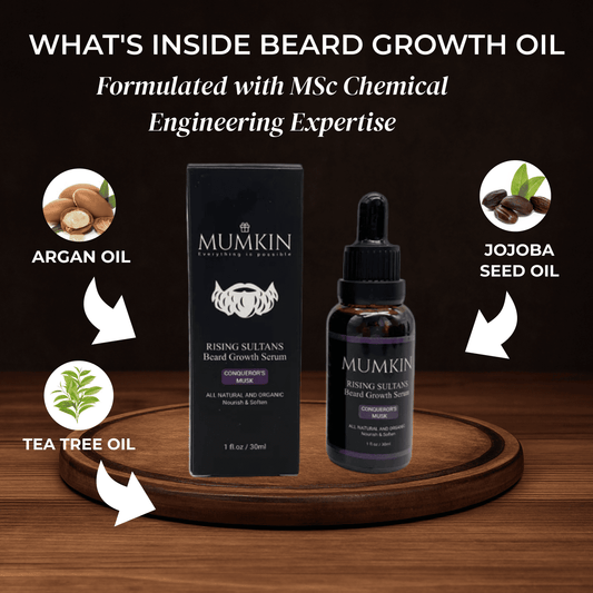 Mumkin Rising Sultans Beard Growth Oil with Argan, Jojoba, and Tea Tree Oils — natural beard serum formulated for thicker, healthier beard growth using organic ingredients and chemical engineering expertise.