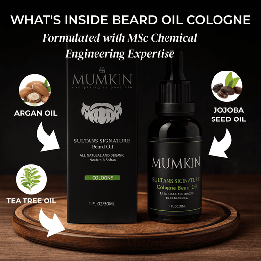 Mumkin Sultan’s Signature Cologne Beard Oil with argan oil, jojoba seed oil, and tea tree oil formulated with MSc Chemical Engineering expertise for beard nourishment, hydration, and shine.