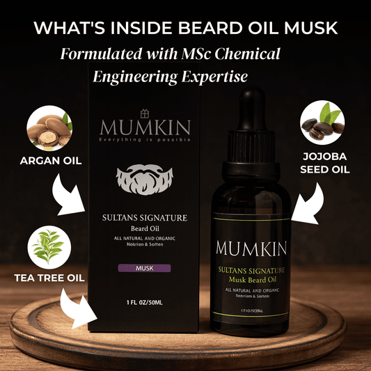 Mumkin Sultan’s Signature Beard Oil Musk 50ml - premium natural beard oil enriched with argan oil, jojoba seed oil, and tea tree oil, formulated for nourishment, hydration, and softness.