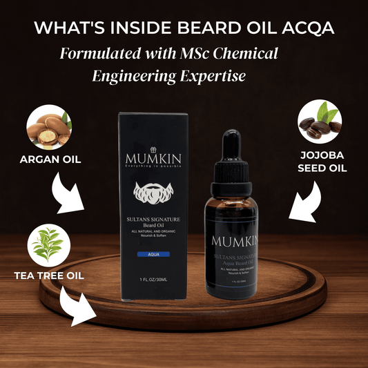 What’s inside Mumkin Beard Oil Aqua  formulated with MSc chemical engineering expertise, featuring natural argan oil, tea tree oil, and jojoba seed oil for hydration, nourishment, and beard softness.