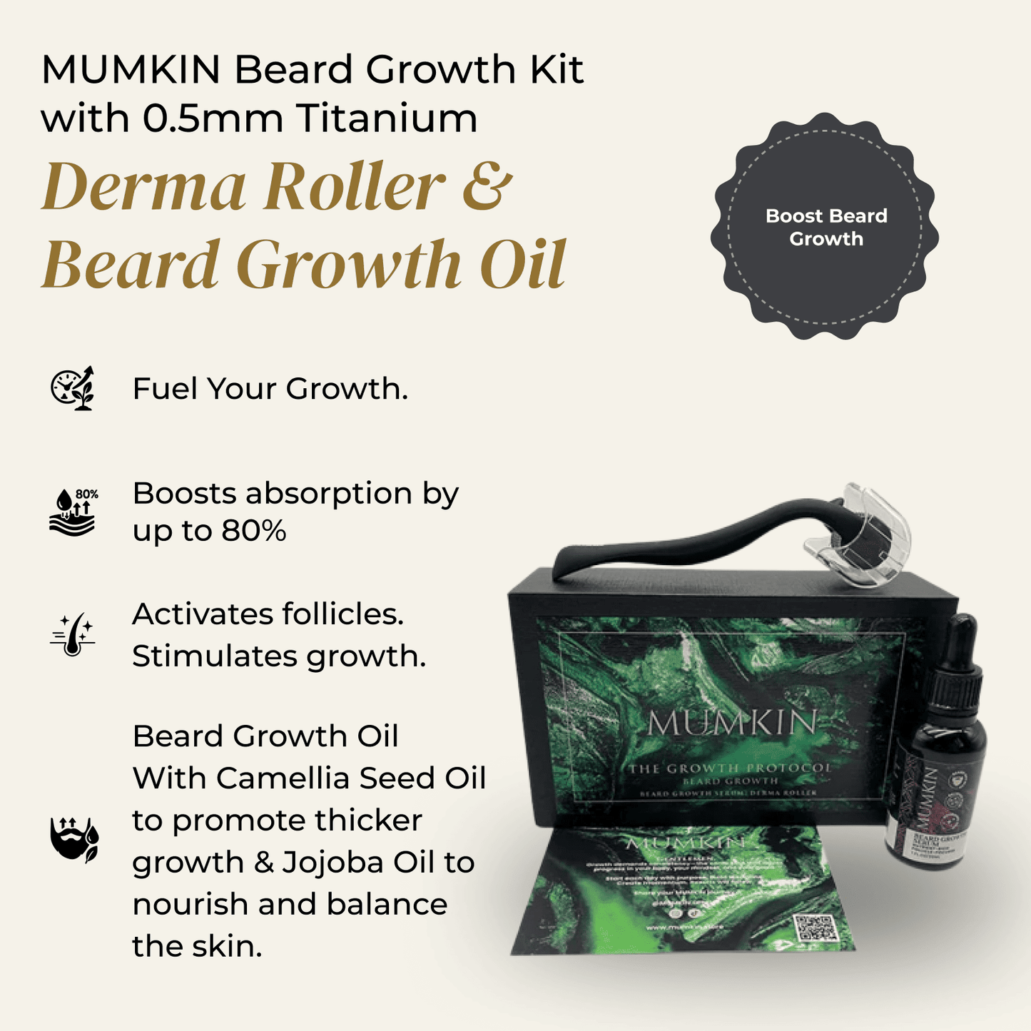 MUMKIN Beard Growth Kit with 0.5mm Titanium Derma Roller & Beard Growth Oil