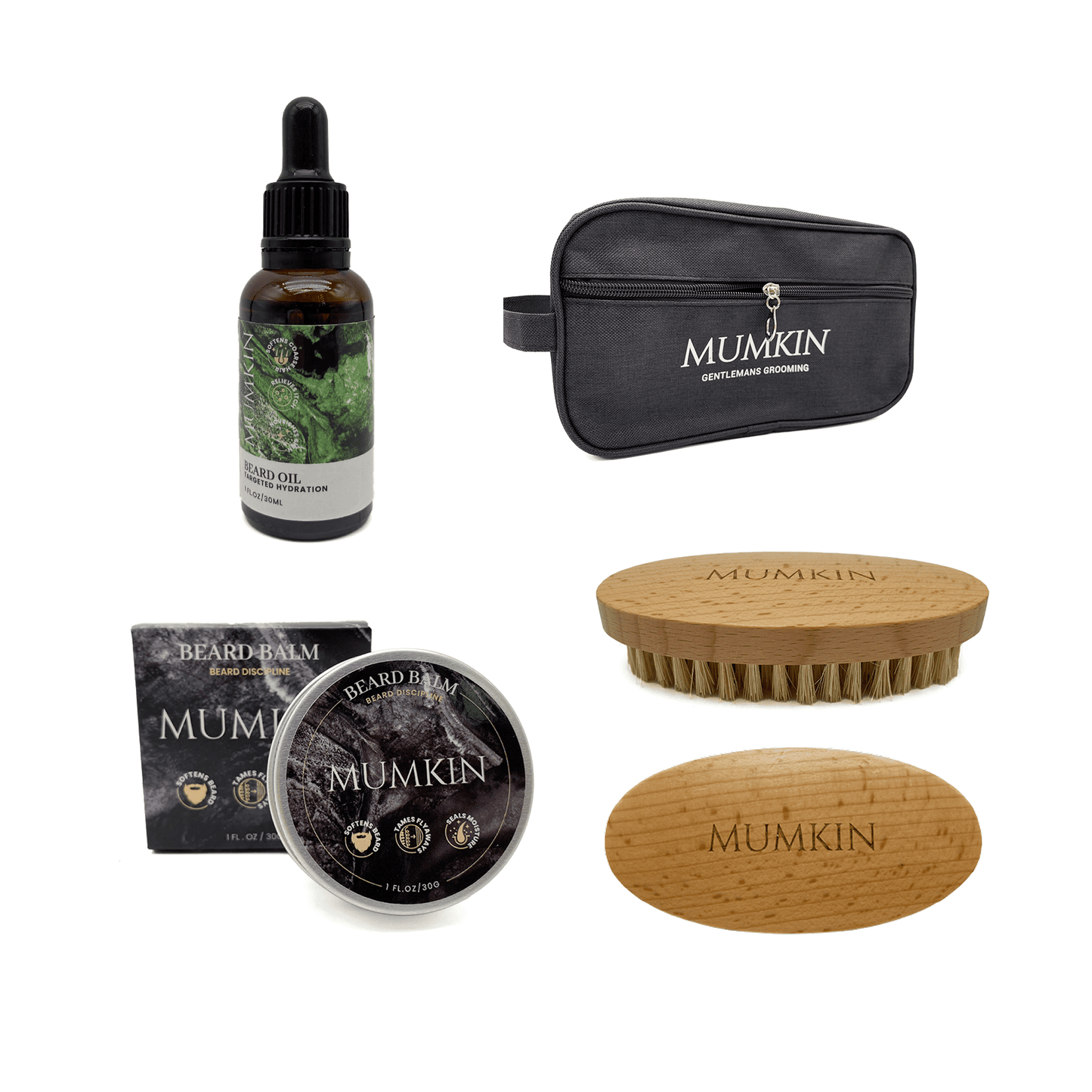 Mumkin grooming products including beard oil, balm, brush, and pouch on a white background