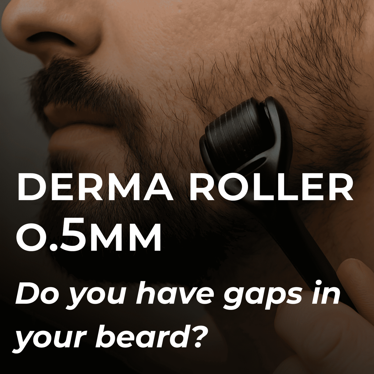 Mumkin 0.5mm Beard Derma Roller being used on beard to fill patchy areas and promote thicker growth by stimulating follicles and improving absorption of beard growth oil.