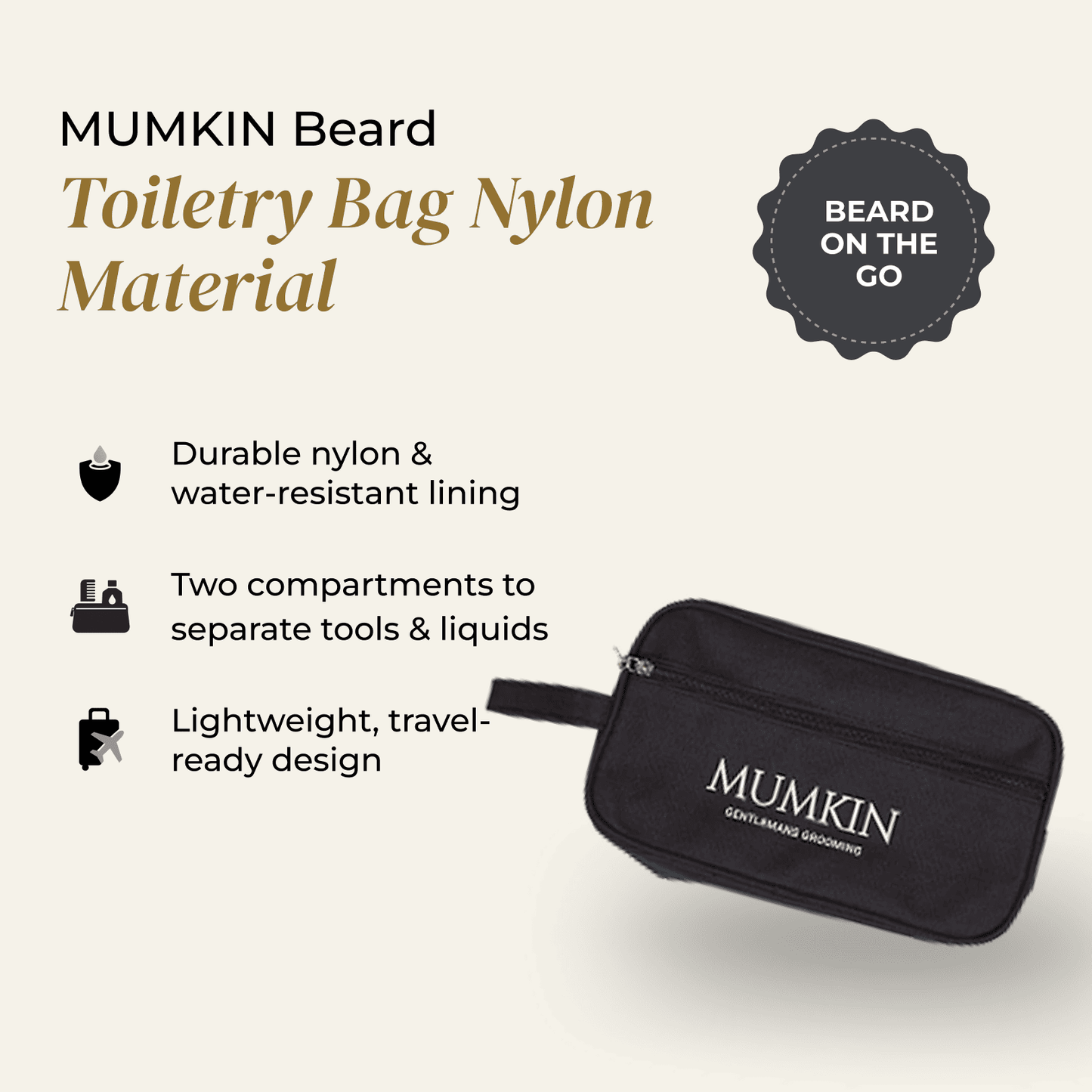 Mumkin Beard Toiletry Bag for Men durable nylon grooming travel pouch with water-resistant lining and dual compartments for beard tools and liquids. Lightweight, compact, and perfect for on-the-go beard care.