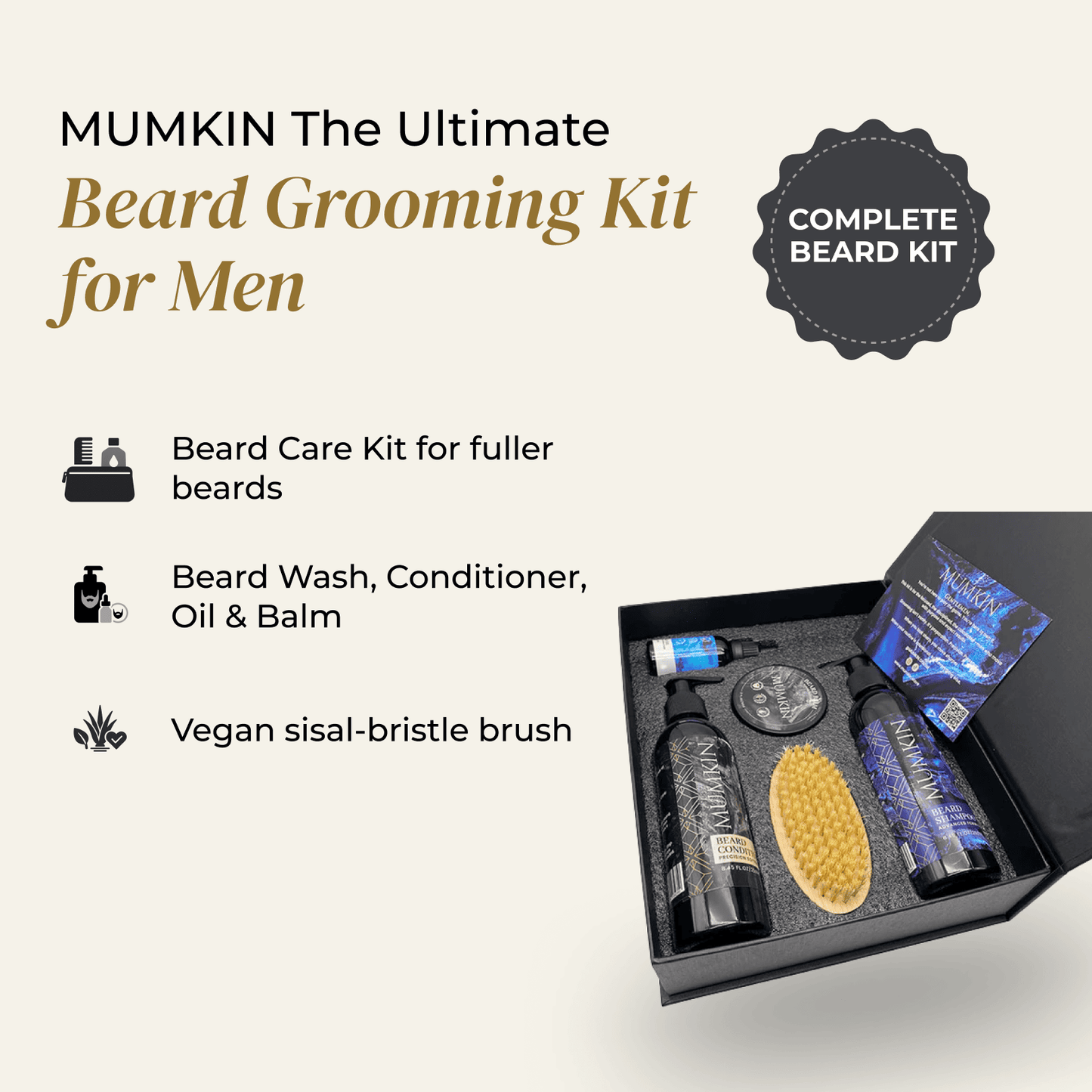 Mumkin Ultimate Beard Kit for Men - complete beard care set with vegan sisal-bristle brush, beard shampoo, conditioner, oil, and balm. Designed for fuller, softer, and healthier beards with premium natural ingredients.