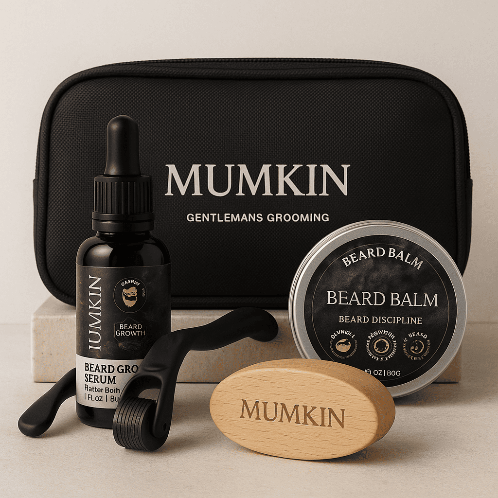 Mumkin Beard Growth Kit includes beard growth serum, beard balm, derma roller, vegan beard brush, and premium travel grooming bag for healthy and fuller beard care.