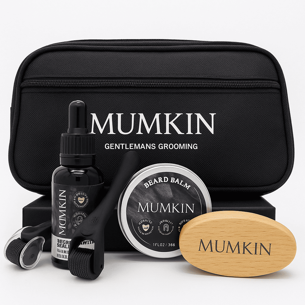 Mumkin Advanced Beard Growth Kit includes beard growth oil, derma roller, beard balm, vegan beard brush, and premium nylon travel bag for healthy beard growth and grooming.