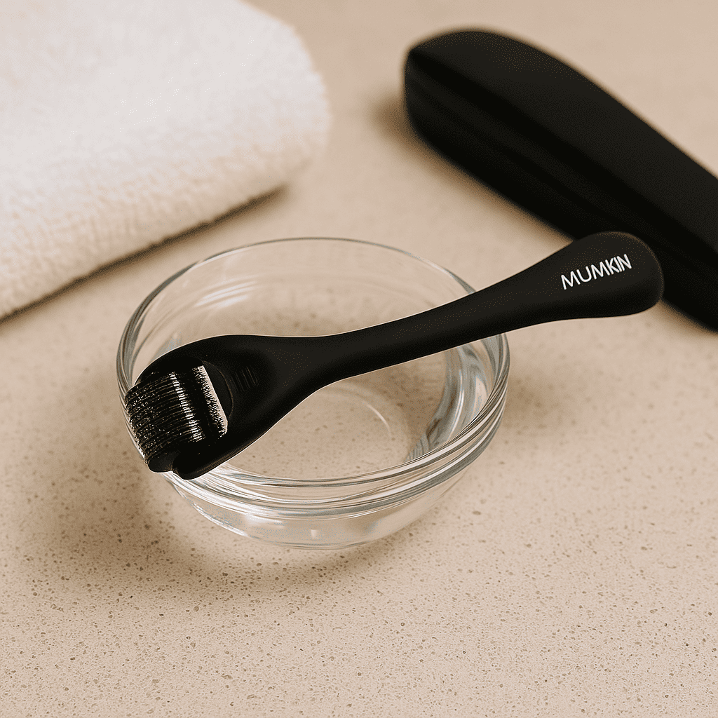 Mumkin Beard Derma Roller with 0.5mm titanium needles resting in a glass bowl, designed for men’s beard growth, follicle stimulation, and improved serum absorption during grooming routine.
