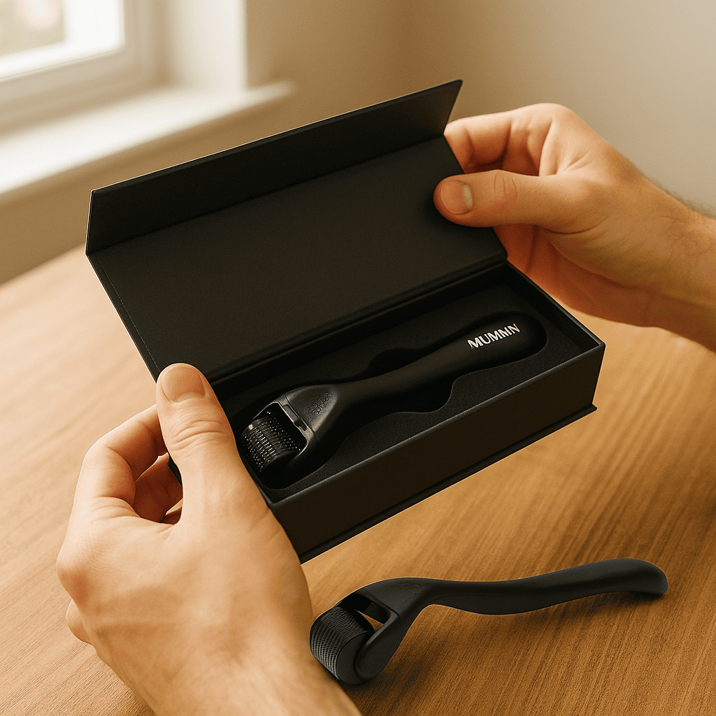 Mumkin 0.5mm titanium beard derma roller in luxury black gift box, designed for men’s beard growth, hair follicle stimulation, and improved absorption of beard oil and serum.