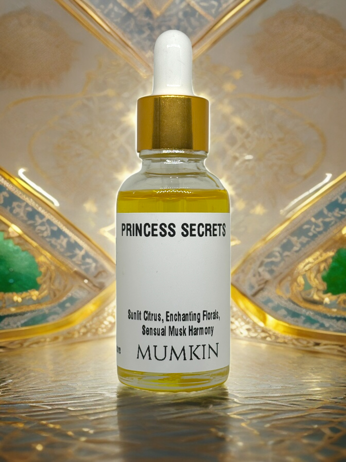 the "PRINCESS SECRETS" fragrance oil by MUMKIN. The luxurious golden hues of the bottle and its dropper stand out against the intricate, golden-patterned background, enhancing the premium aesthetic of the product.