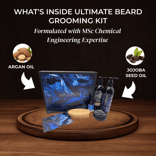 Mumkin Ultimate Beard Grooming Kit  premium menās beard care set with argan oil, jojoba seed oil, shampoo, conditioner, balm, brush, and beard oil. Scientifically formulated for deep nourishment, hydration, and healthy beard growth.