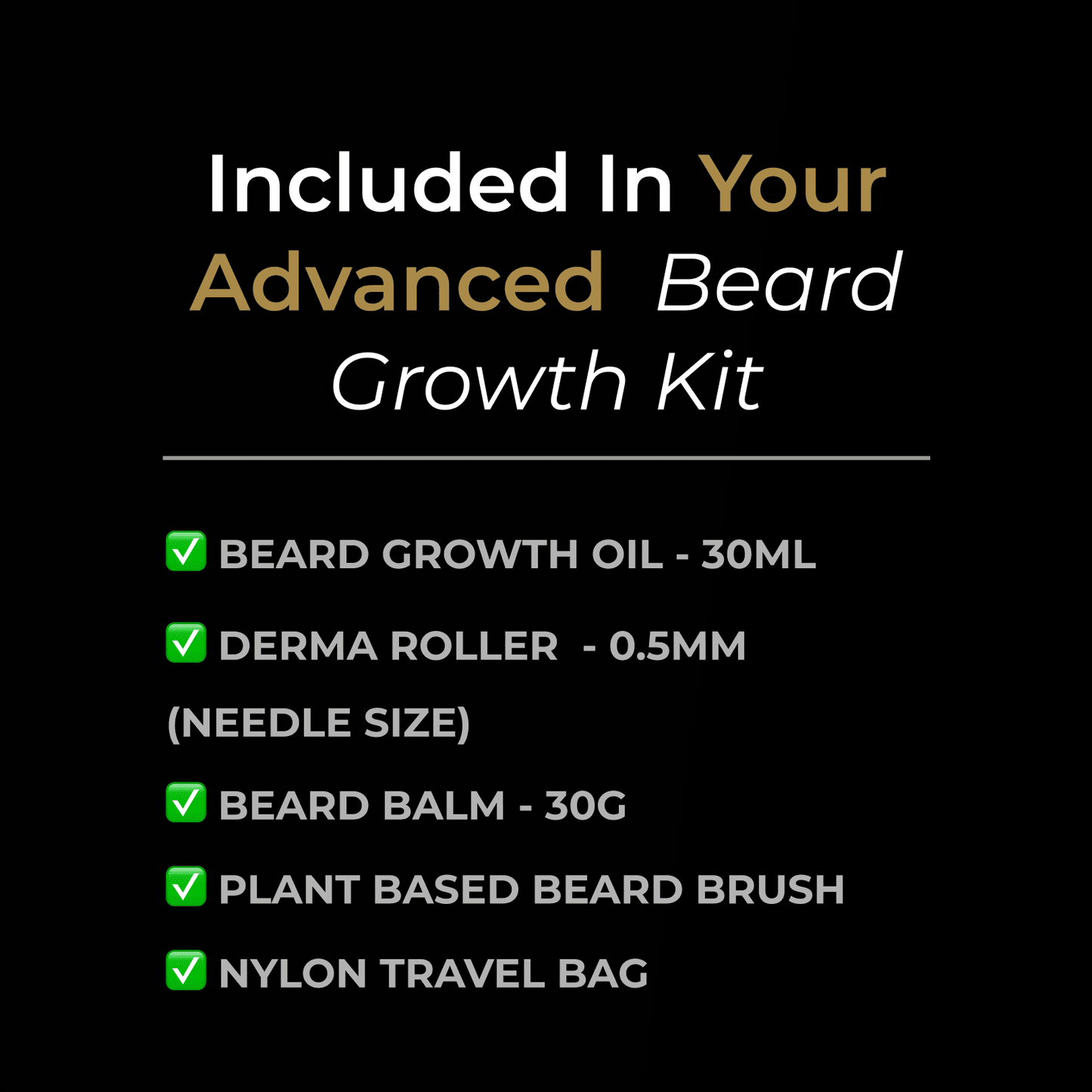 Mumkin Advanced Beard Growth Kit contents list includes beard growth oil 30ml, derma roller 0.5mm, beard balm 30g, plant-based vegan beard brush, and nylon travel bag for complete beard care and styling.