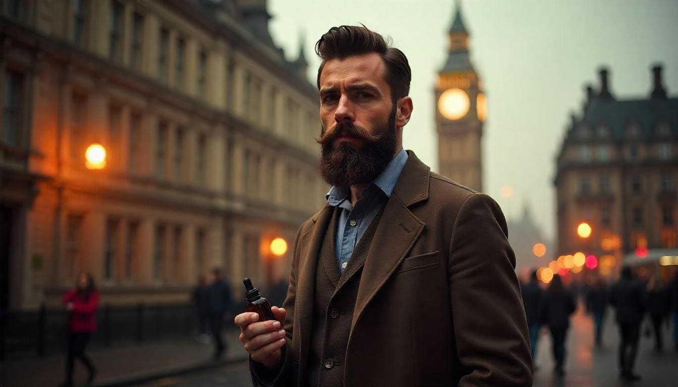 Bearded man with styled mustache holding beard oil bottle in central London, wearing a brown overcoat with Big Ben in the background at dusk