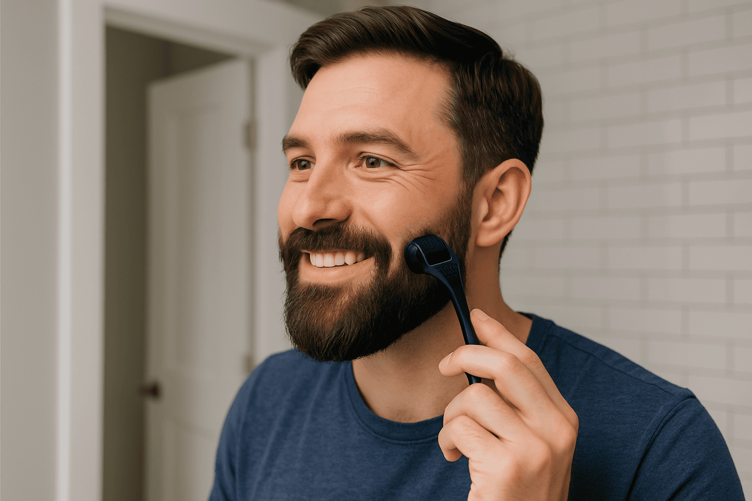 Beard man using mumkin derma roller