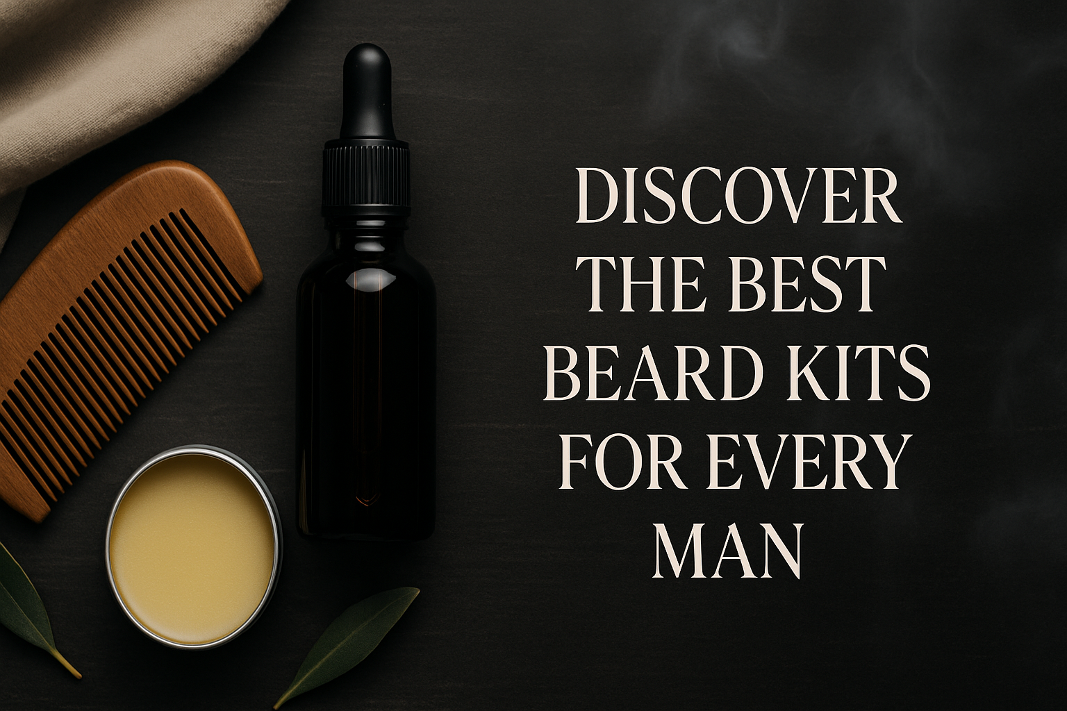 Beard grooming products including a black dropper bottle, beard balm, wooden comb, and leaves on a dark surface, with bold text reading 'Discover the best beard kits for every man