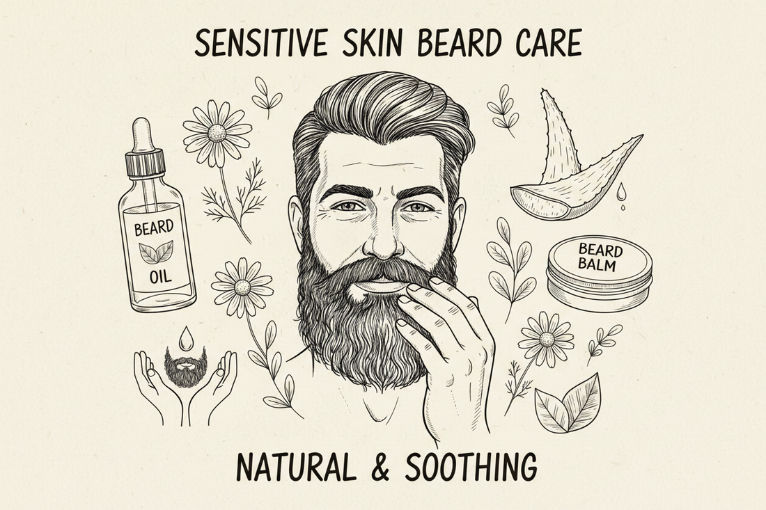 Illustration of sensitive skin beard care using natural, soothing products like oil and balm.