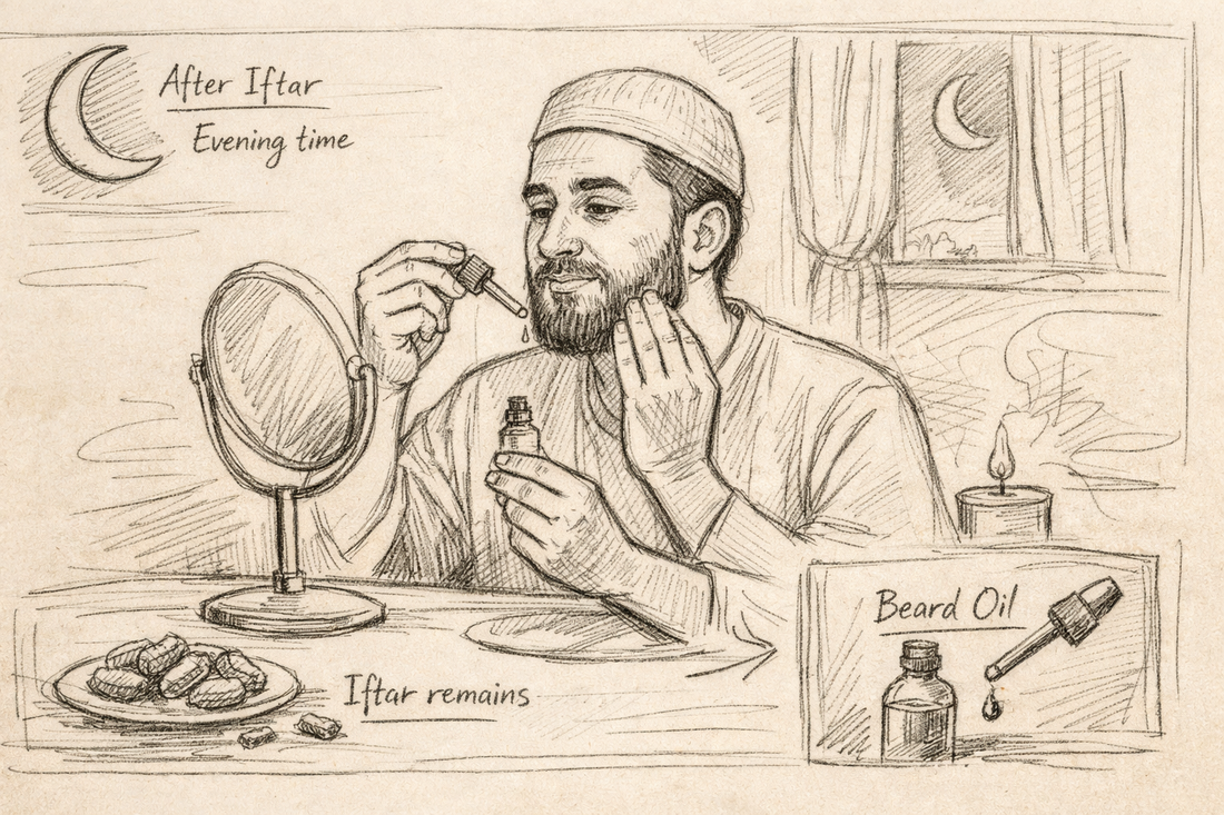 Hand-drawn sketch of a Muslim man applying beard oil at home after iftar, calm evening setting.