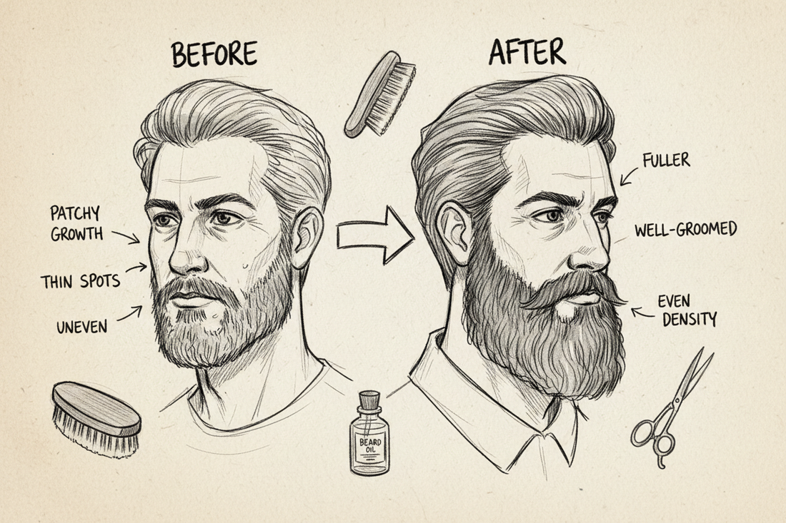 Beard transformation before and after showing patchy beard becoming fuller, evenly shaped, and well-groomed with proper beard care routine and tools.