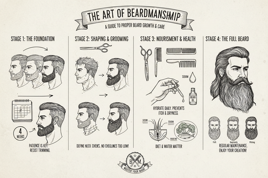 Infographic titled ‘The Art of Beardmanship’ showing four stages: foundation, shaping, nourishment, and full beard, with tips on patience, grooming, hydration, and maintenance