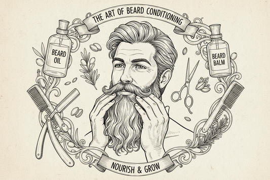 Vintage-style illustration titled “The Art of Beard Conditioning” showing a man grooming his beard, surrounded by beard oil, beard balm, scissors, combs, and botanical elements, with the tagline “Nourish & Grow.”