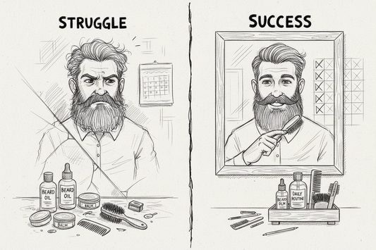 Beard care transformation showing struggle vs success with proper grooming routine.