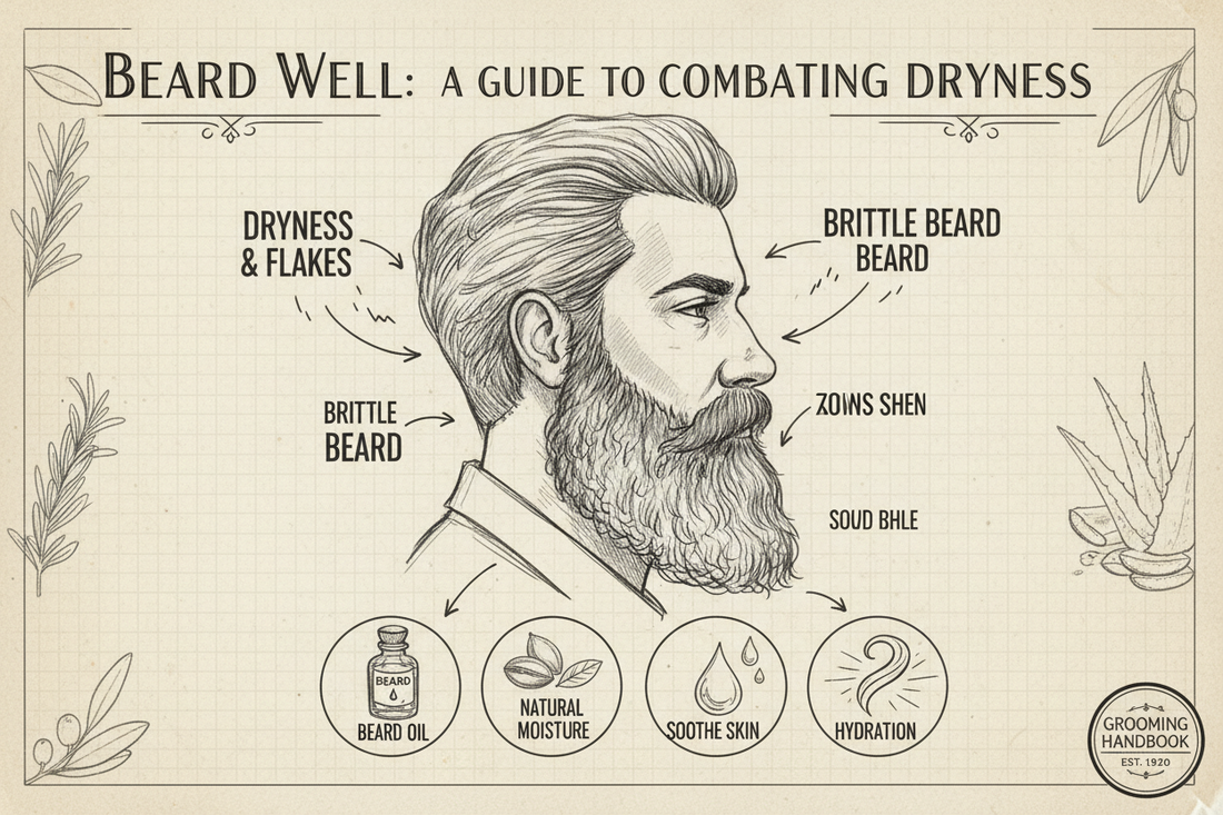Guide to fixing beard dryness showing flakes, brittle hair, and hydration solutions.