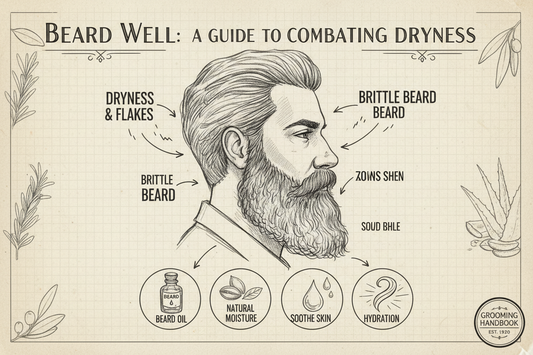 Guide to fixing beard dryness showing flakes, brittle hair, and hydration solutions.