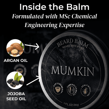 Mumkin Beard Balm ingredients — premium men’s beard balm formulated with MSc Chemical Engineering expertise, featuring nourishing argan oil and jojoba seed oil to soften, hydrate, and tame beards.