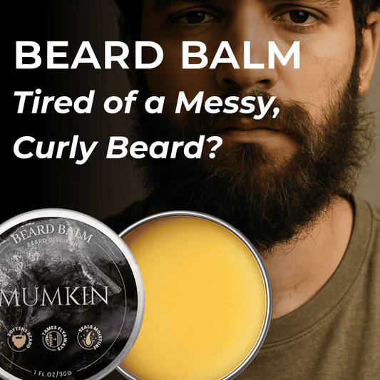 Mumkin Beard Balm for men — premium natural beard balm that softens coarse hair, tames flyaways, and reduces curl for a smooth, well-groomed beard. Product image shows tin of balm and a bearded man with text “Tired of a Messy, Curly Beard?”