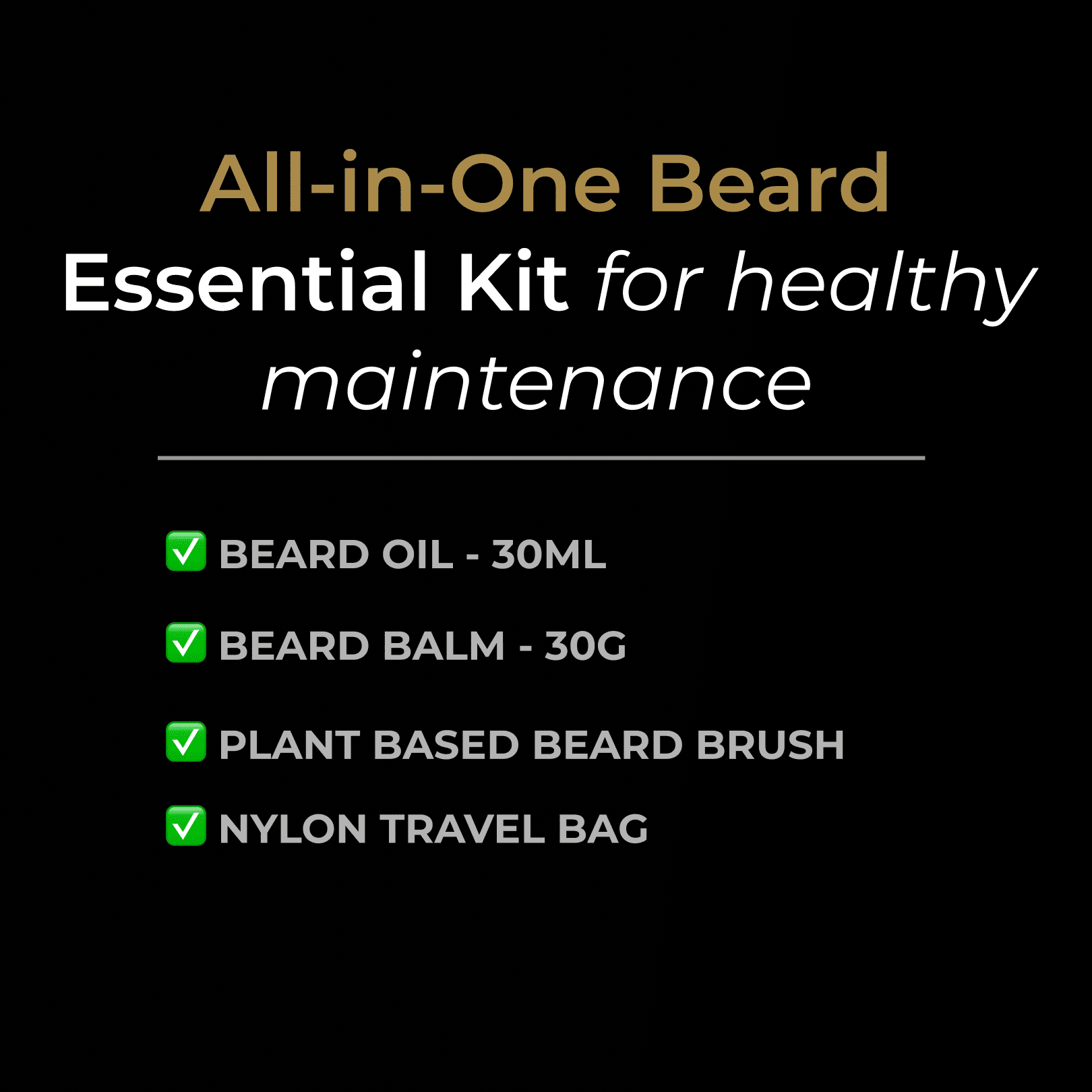 Mumkin All-in-One Beard Essential Kit - includes beard oil 30ml, beard balm 30g, plant-based beard brush, and nylon travel bag. Complete men’s beard care set for healthy grooming, hydration, and daily maintenance.