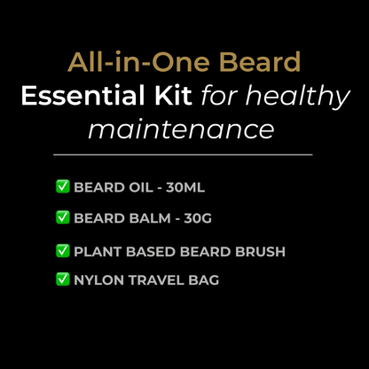 Mumkin All-in-One Beard Essential Kit - includes beard oil 30ml, beard balm 30g, plant-based beard brush, and nylon travel bag. Complete men’s beard care set for healthy grooming, hydration, and daily maintenance.