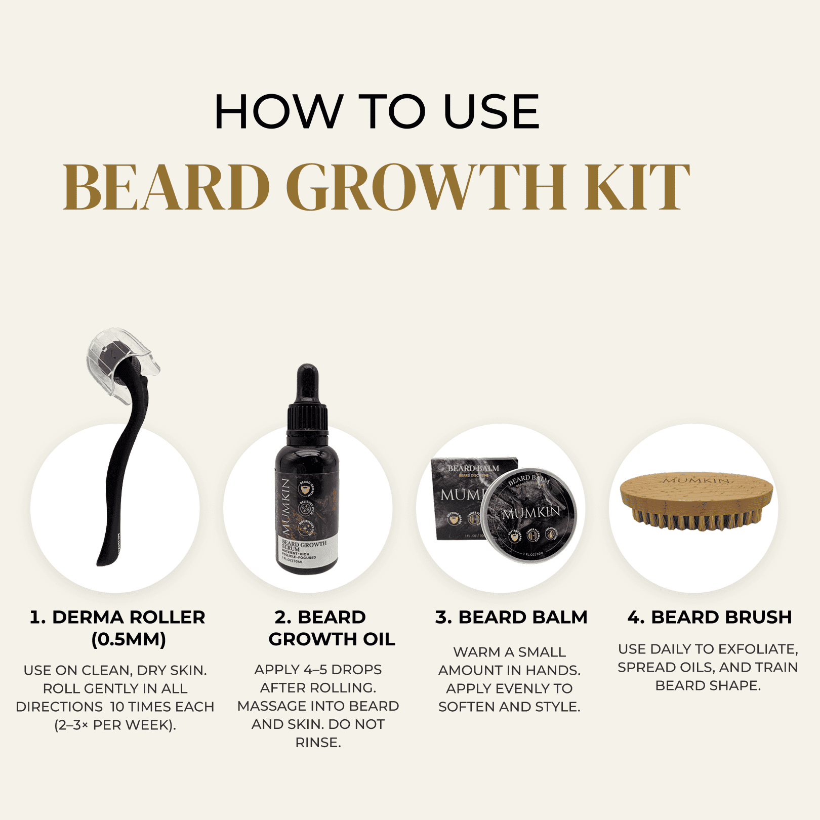 How to use Mumkin Beard Growth Kit  step-by-step guide showing derma roller, beard growth oil, beard balm, and vegan beard brush for effective beard growth and styling routine.