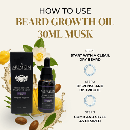 How to use Mumkin Beard Growth Oil 30ml Musk — apply natural beard serum on a clean, dry beard; dispense and distribute evenly; comb and style for thicker, fuller facial hair growth.