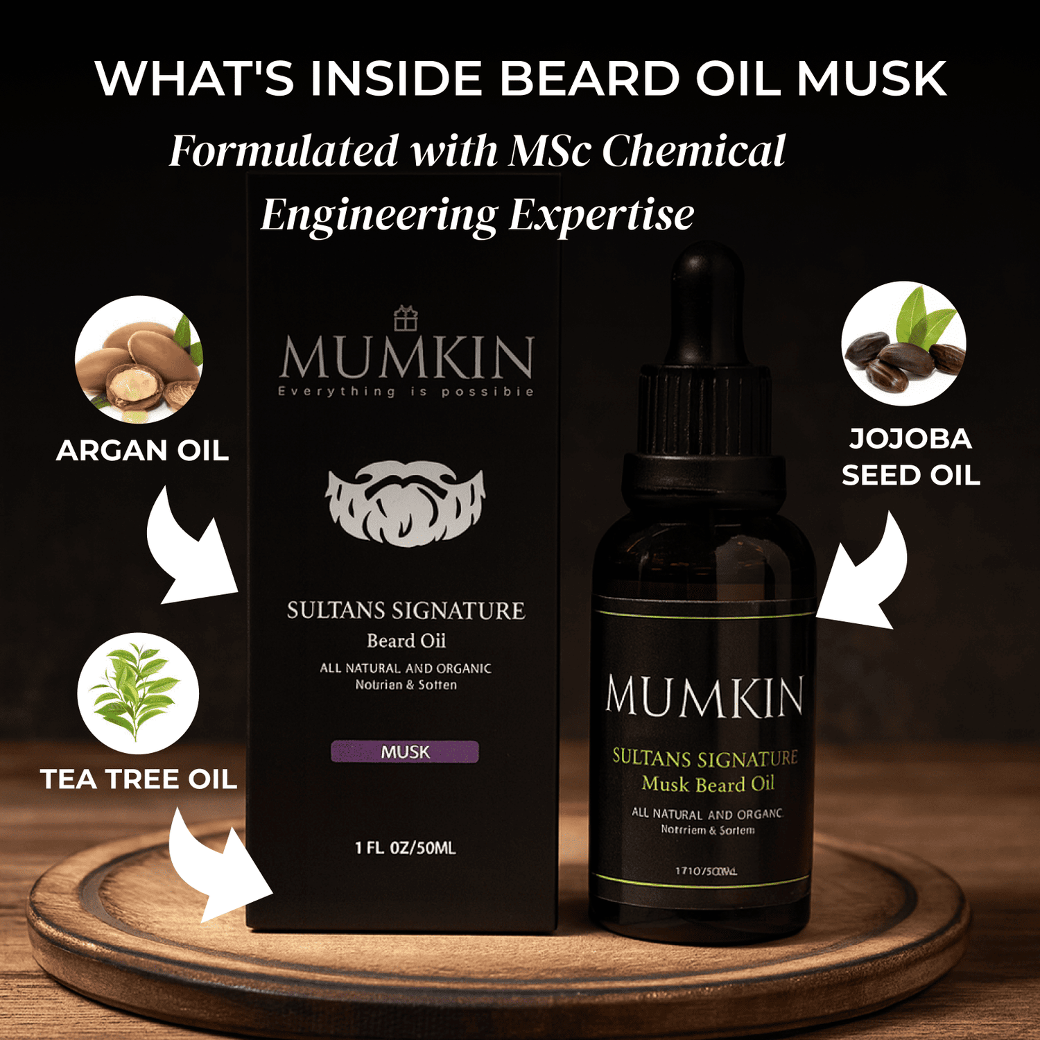Mumkin Sultan’s Signature Beard Oil Musk 50ml - premium natural beard oil enriched with argan oil, jojoba seed oil, and tea tree oil, formulated for nourishment, hydration, and softness.