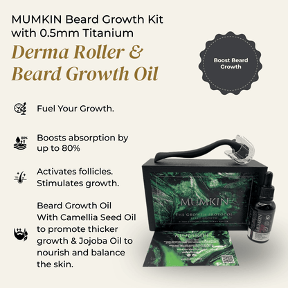MUMKIN Beard Growth Kit with 0.5mm Titanium Derma Roller & Beard Growth Oil