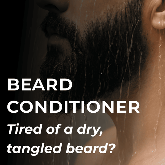 Mumkin Beard Conditioner for men deeply moisturizing formula that softens dry, tangled beard hair. Promotes smooth, manageable, and healthy-looking facial hair. Text on image reads “Tired of a dry, tangled beard?