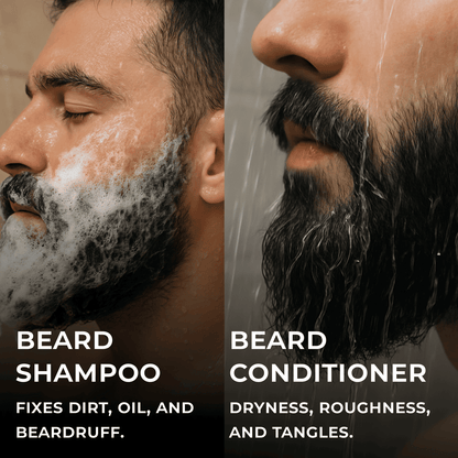 Beard shampoo and conditioner routine — man washing beard with rich lather to remove dirt, oil, and beardruff, followed by conditioning to reduce dryness, roughness, and tangles. Essential grooming combo for a clean, soft, and healthy beard.