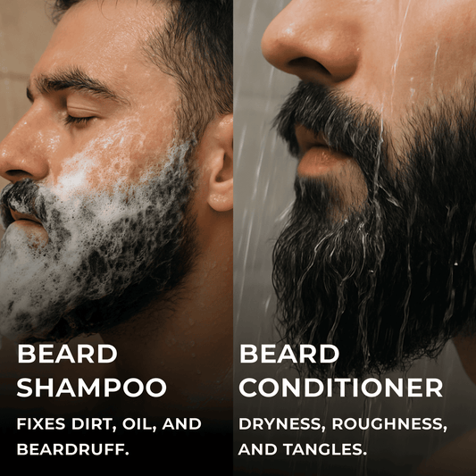 Beard shampoo and conditioner routine — man washing beard with rich lather to remove dirt, oil, and beardruff, followed by conditioning to reduce dryness, roughness, and tangles. Essential grooming combo for a clean, soft, and healthy beard.