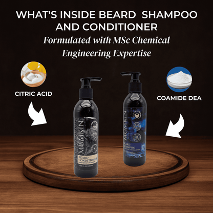 Mumkin Beard Shampoo and Conditioner — premium beard care products formulated with MSc Chemical Engineering expertise. Infused with citric acid for shine and smoothness, and Coamide DEA for gentle cleansing and hydration.