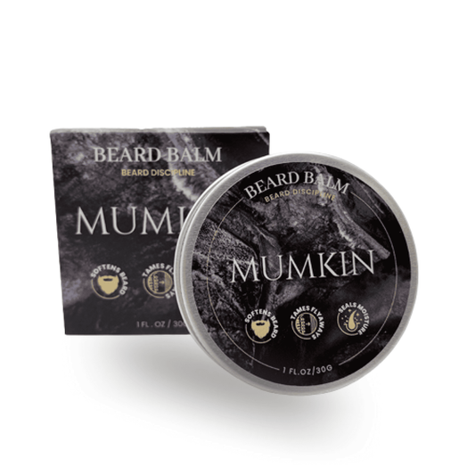 Mumkin Beard Balm tin and packaging, premium beard balm for softness and control.