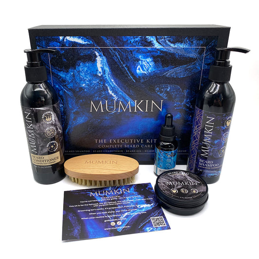 Mumkin Ultimate Beard Kit - luxury men’s beard grooming set with shampoo, conditioner, oil, balm, and brush. Complete beard care solution for hydration, shine, and softness, featuring premium natural ingredients for healthy beard maintenance.