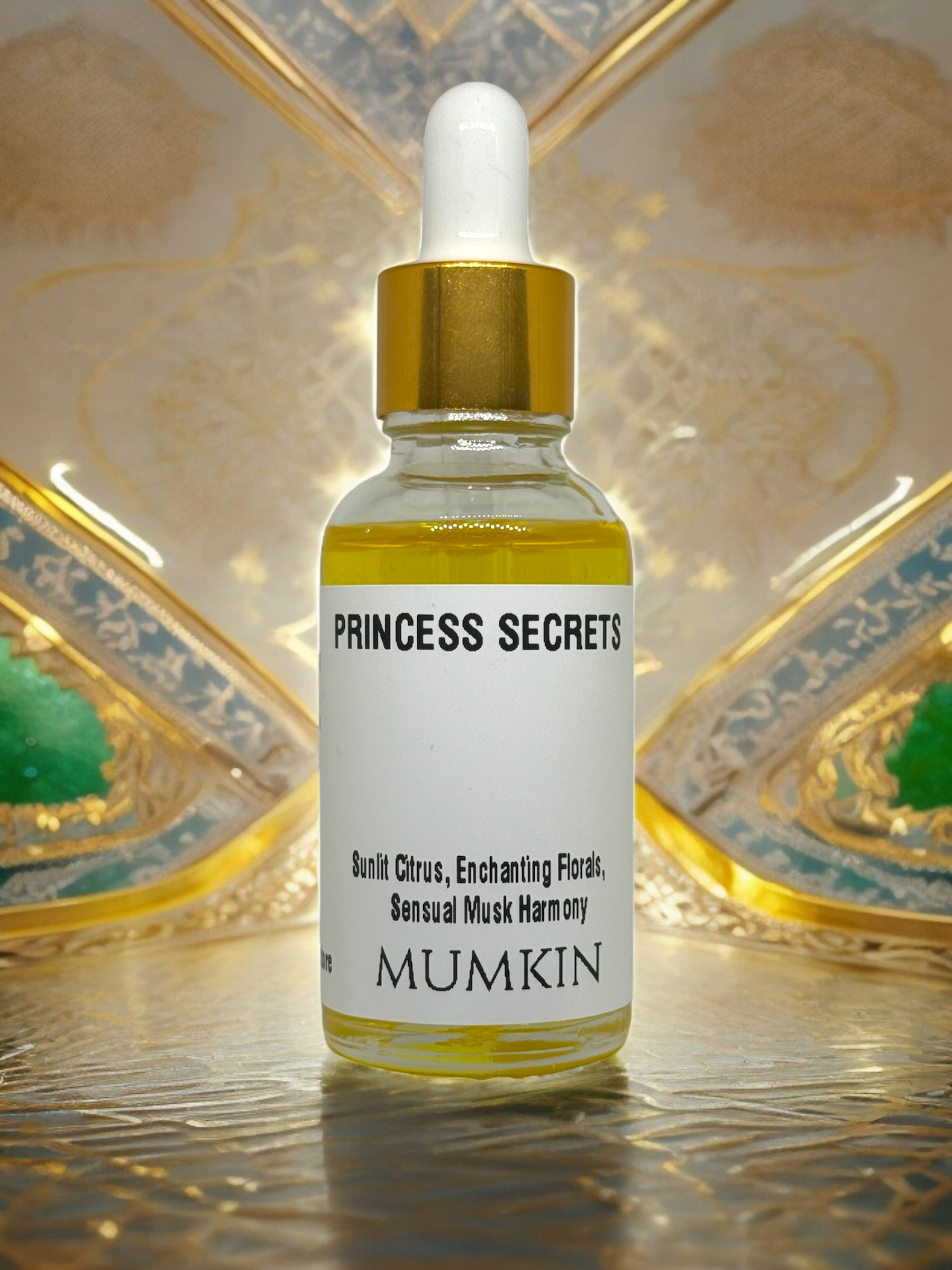 the "PRINCESS SECRETS" fragrance oil by MUMKIN. The luxurious golden hues of the bottle and its dropper stand out against the intricate, golden-patterned background, enhancing the premium aesthetic of the product.