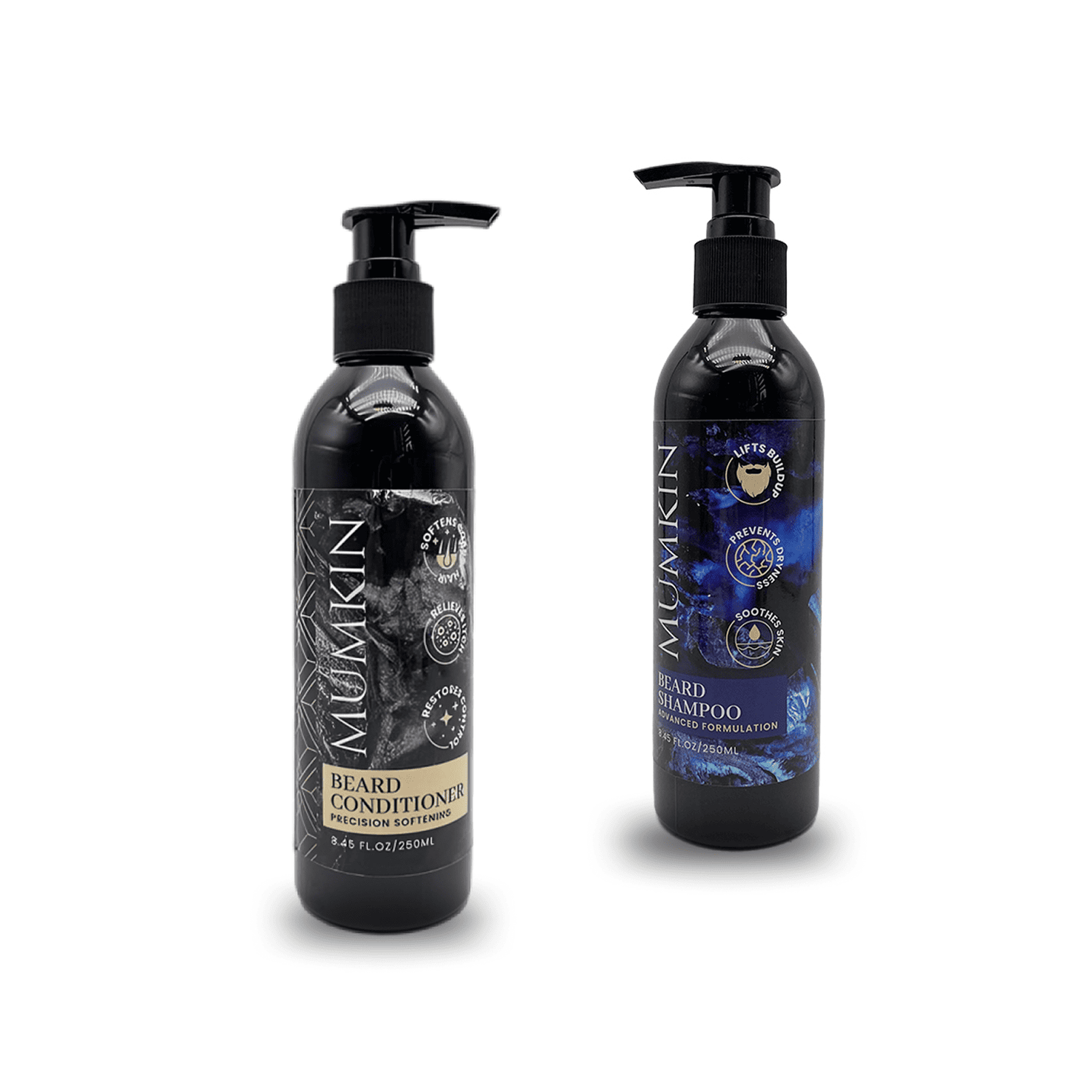 MUMKIN Beard Shampoo and Conditioner 250ml bottles set for beard washing and softening.