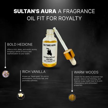 Sultan's Aura by MUMKIN is a luxurious fragrance oil featuring a bold hedione for a deep, exotic aroma, rich vanilla known as "liquid gold" for its nourishing properties, and warm woods to promote hair growth and enhance vitality. Indulge in royalty with this captivating scent, designed for sophistication and timeless elegance.
