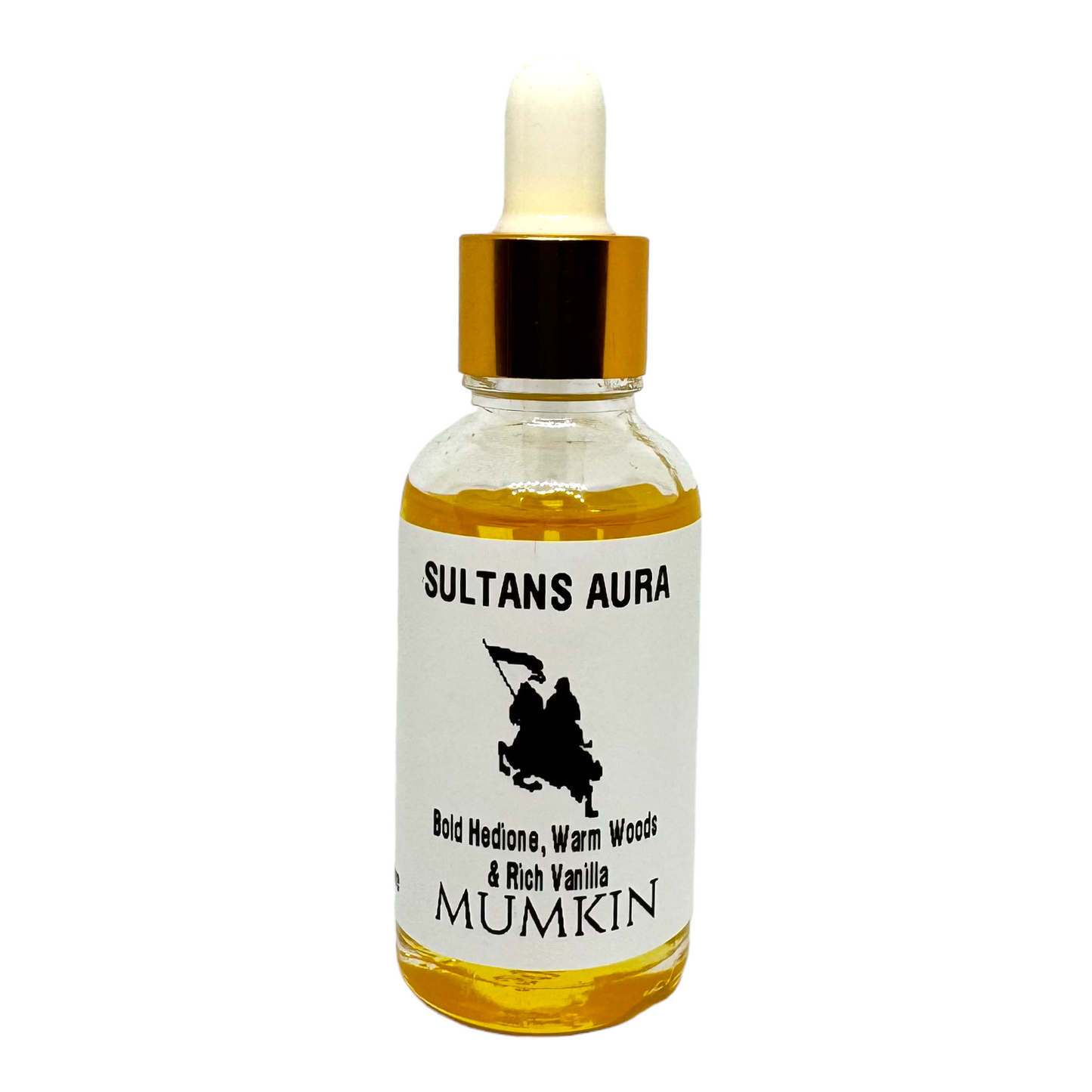 A bottle labeled "Sultan's Aura" from the brand "MUMKIN." The label describes the scent as containing "Bold Hedione, Warm Woods & Rich Vanilla." The design features an elegant gold cap and a minimalist aesthetic with an illustration of a figure holding a flag.