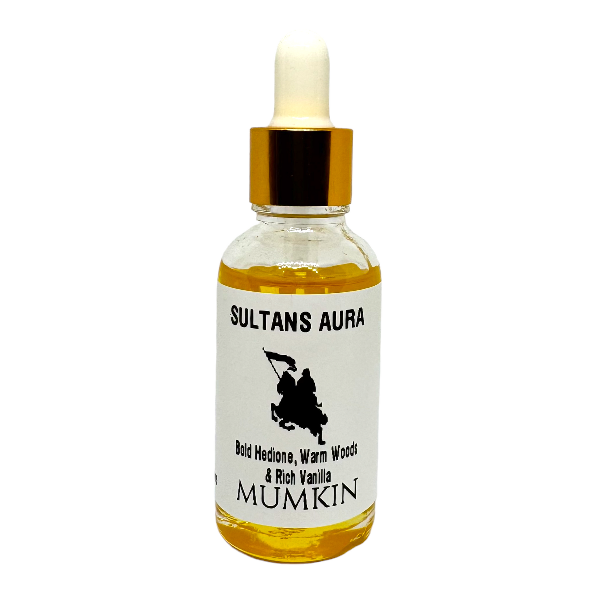 A bottle labeled "Sultan's Aura" from the brand "MUMKIN." The label describes the scent as containing "Bold Hedione, Warm Woods & Rich Vanilla." The design features an elegant gold cap and a minimalist aesthetic with an illustration of a figure holding a flag.