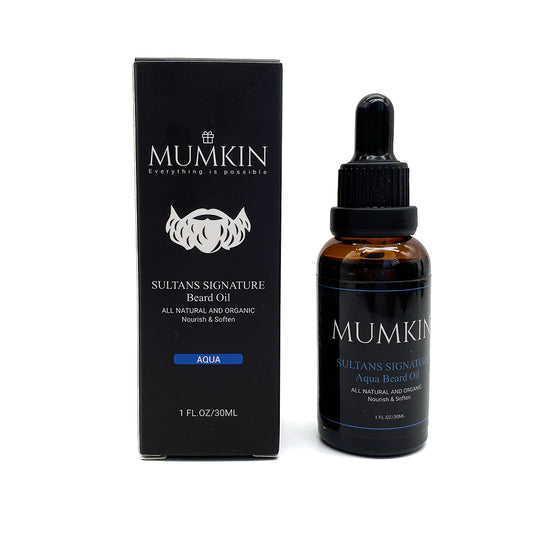 Mumkin Sultans Signature Aqua Beard Oil 30ml — natural organic beard softening oil that nourishes, hydrates, and promotes smooth, healthy beard growth with lightweight non-greasy texture.