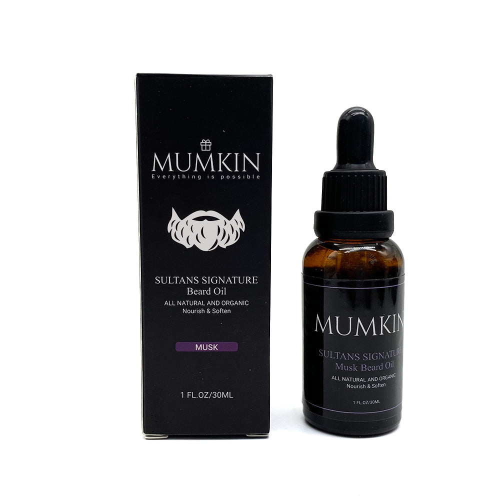 Mumkin Sultan’s Signature Beard Oil Musk 30ml  premium natural and organic beard oil formulated to nourish, soften, and hydrate beard hair for a smooth, healthy look.