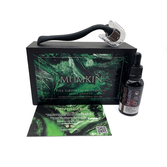 Mumkin Beard Growth Kit with 0.5mm titanium derma roller and nourishing beard growth oil formulated with camellia seed and jojoba oils to boost absorption, activate follicles, and stimulate thicker beard growth naturally.